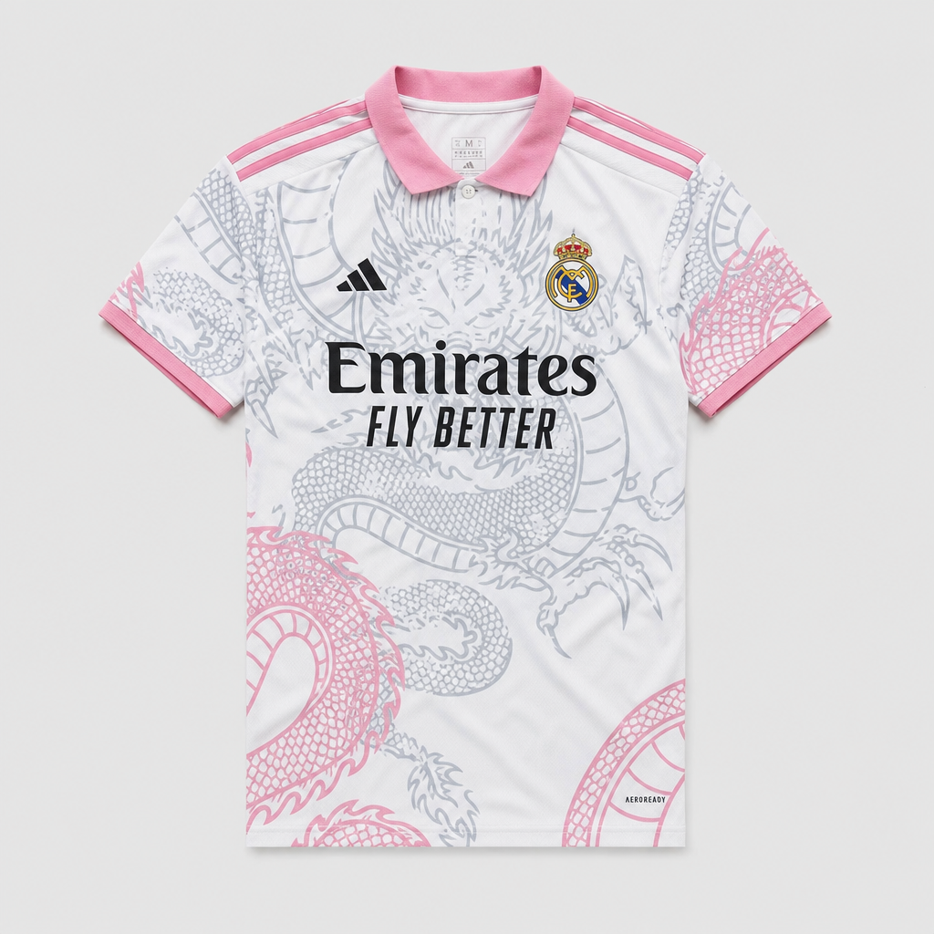 Camisa Real Madrid Dragão Branca e Rosa Edição Especial 2026/27 - Torcedor Masculino